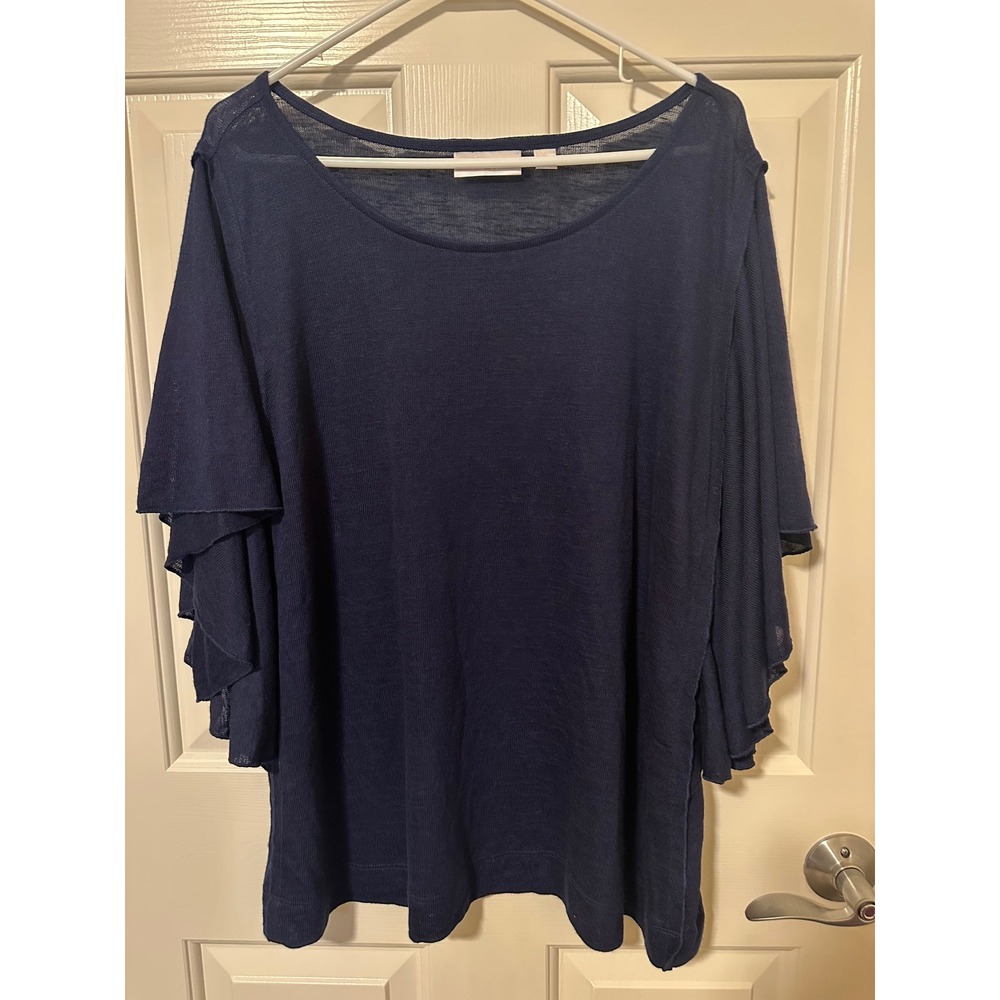Belle Kim Gravel Top Women 2X Navy Flutter Sleeve Rayon Blend Knit Scoop Neck